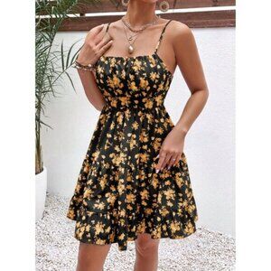 Boho Floral Print Ruched Bust Ruffle Hem Cami Dress